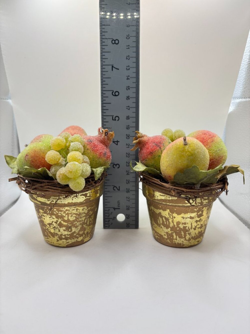 VTG Sugared Plastic Fruit Metal Gold Aged Pot Apples Grapes Pomegranate Pear MCM